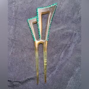 Vintage Art Deco Celluloid Hair Pin – Geometric Design with Blue Rhinestones